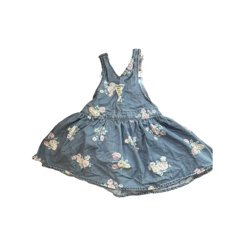 OshKosh B'Gosh Denim Overalls Dress Coverall Jumper Girls Size 3T Roses Flowers